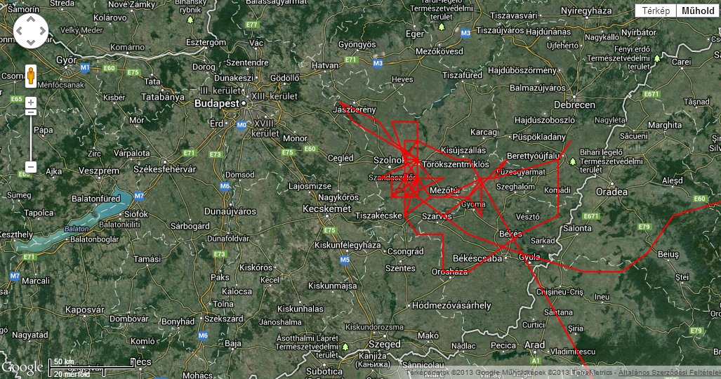Vihra, egy korábban jeladózott sas magyarországi útvonala (forrás: www.satellitetracking.eu)